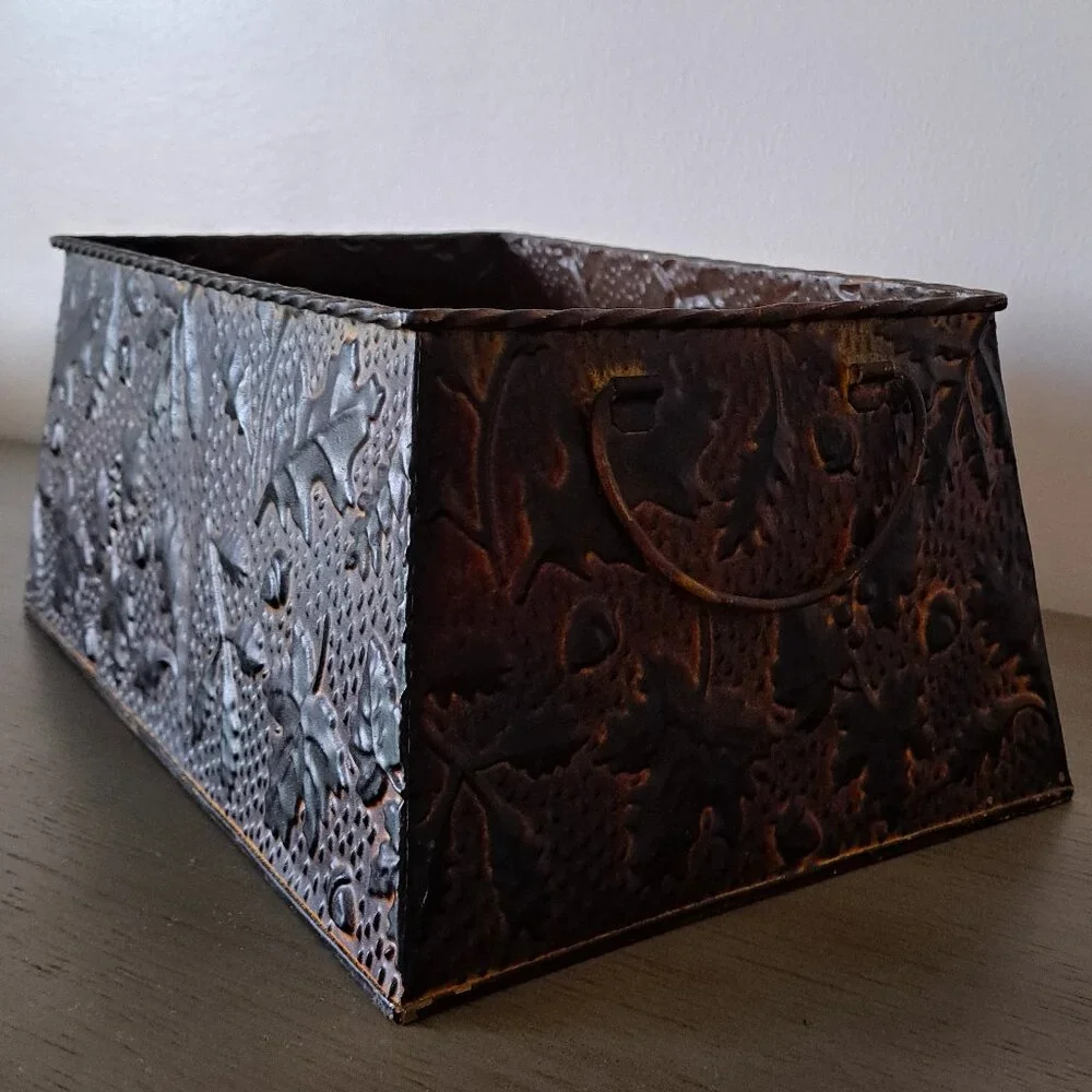 Vintage Distressed Metal Basket Fall Motif Large Ornamental Box with Handles - Picture 4 of 9